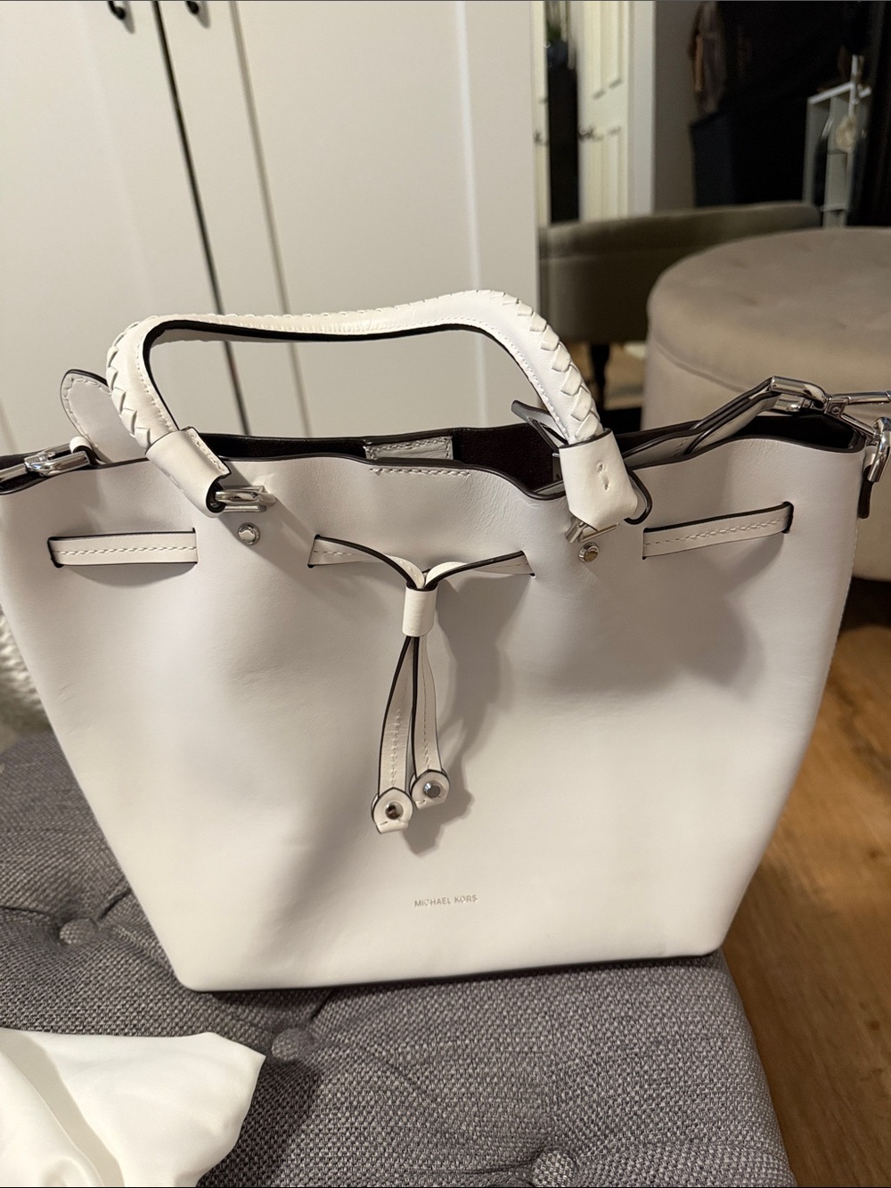 Michael Kors White Leather Braided-Handle Tote